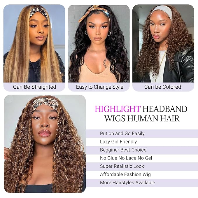 26Inch Ombre Highlight Headband Wig Human Hair Deep Wave 4/27 Honey Blonde Human Hair Headband wigs for Black women Glueless None Lace Front Wig Machine Made 180% Density Curly Half Wig Human Hai