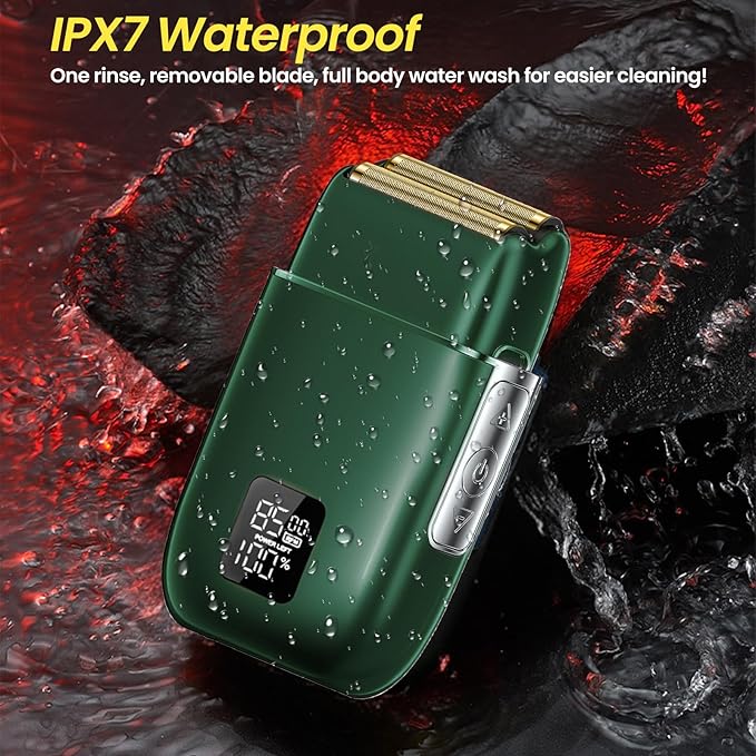 Electric Foil Shavers for Men 3 Speed Electric Razor for Men High Speed Dual Floating Blades IPX7 Waterproof Wet &amp Dry LED Display USB Type C Charging Foil Razor for Face/Beard/Head (Green)