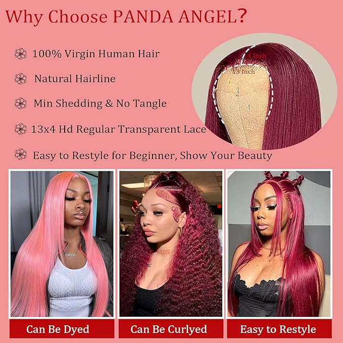 PANDA ANGEL 32 Inch Burgundy Lace Front Wigs Human Hair Red Burgundy Wig Human Hair 13x4 Hd Transparent Lace Frontal Wigs Human Hair 99J Burgundy Straight Wigs for Women