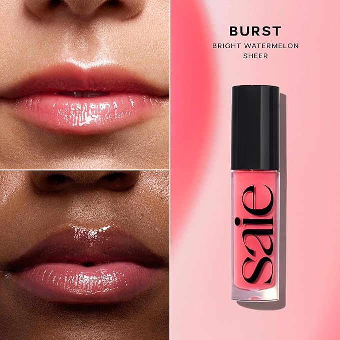 Saie Glossybounce - Hydrating Lip Gloss and Tinted Lip Oil Hybrid with Hyaluronic Acid &amp Jojoba Oil for Non-Sticky Ultra-Shiny Plump &amp Soft Lips - Everyday Makeup Essential - Burst (.17 oz)