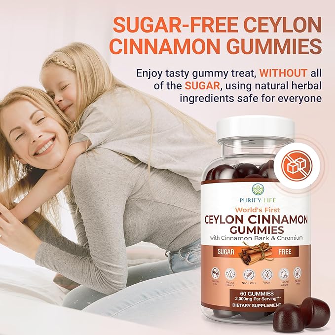 Purify Life Sugar-Free Ceylon Cinnamon Gummies (2000mg/Serving) ? Vegan Gluten-Free Herbal Supplement ? Replace Cinnamon Capsules Pills &amp Powders ? 60 Chews