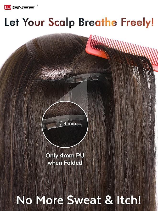 WIGNEE OVO Brown Hair Extensions ? 20 Inch 100% Remy Human Hair Dual Hand-Tied Double Invisible Weft Micro Beaded Sew-In Glueless Seamless Soft Silky Hair Extensions
