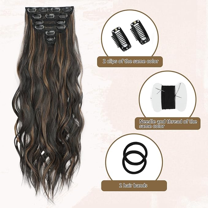 Clip in Hair Extensions for Women Natural Balayage Dark Brown to Chestnut 24 Inch 6PCS Hairpieces Long Wavy Soft Hair Extensions clip ins