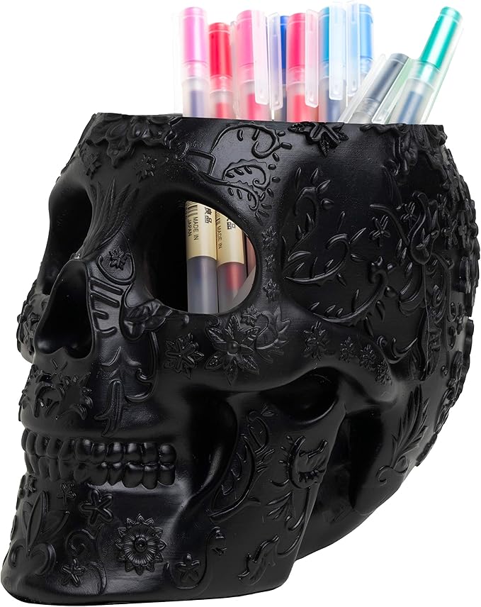 Skull Makeup Brush Holder Pen Holder Vanity Desk Office Organizer Stationary Decor Planter  Candy Bowl  Goth Decorations  Extra Large Skulls Gothic Skull &amp Bones Organizer Bathroom (Blac
