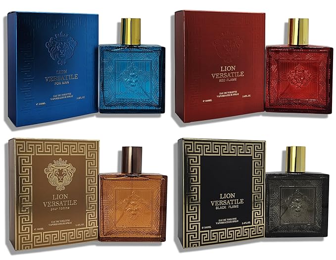 Lion Versatile For Man Red Flame Pour Homme &amp Black Flame Cologne for Men 4-piece Set 4x100ml/3.4 Fl.Oz Eau de Toilette Long-lasting mint orange neroli &amp vetiver notes for day and nigh