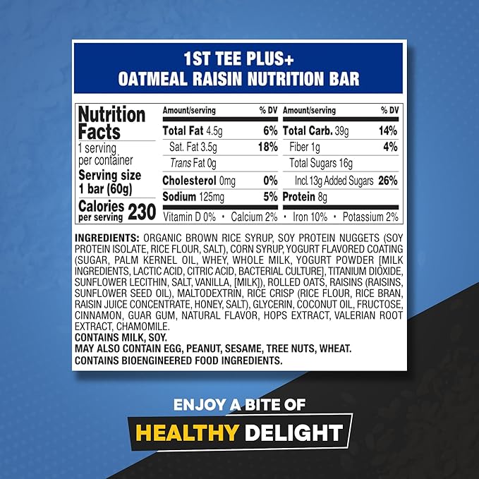 1st Tee PLUS+ Oatmeal Raisin bars made with Natural Ingredients Breakfast Bars | Best Oatmeal Bars Golf Nutrition Bar Easily Digestible Balanced Nutrition Bars 12-60 grams bars
