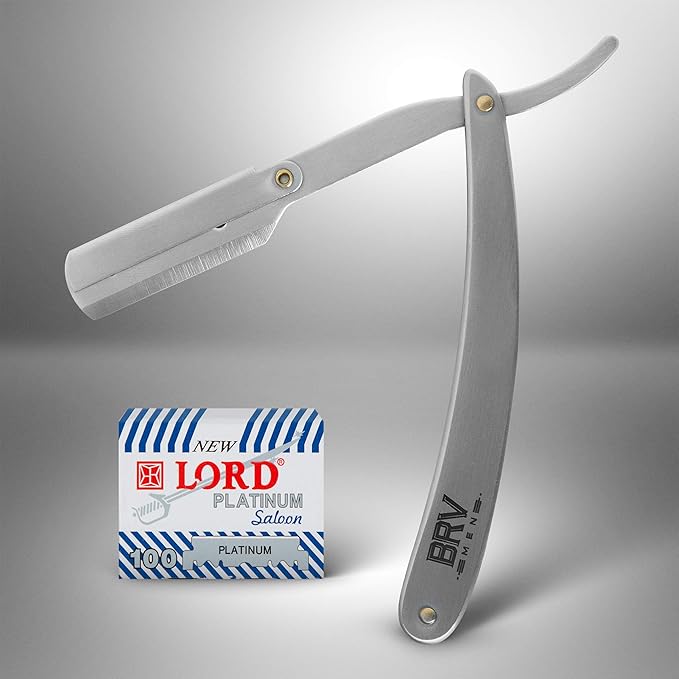 BRV MEN Professional Straight Edge Barber Razor w/ 100 Single Edge Razor Blades | Straight Razors for Men | Barbershop Accessories | Mens Shaving Knife &amp Shavette - Silver