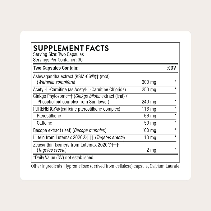 THORNE - Memoractiv - Nootropic Brain Supplement for Focus Creativity and Concentration - Ashwagandha Ginkgo Lutemax Bacopa Pterostilbene - Gluten-Free Dairy-Free* - 60 Capsules - 30 Servings
