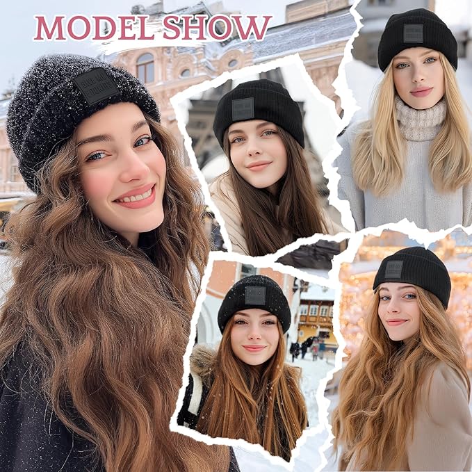 SEGO Beanie Wig for Women Hat with Hair Extentions Synthetic 11 Inch Straight Hairpiece Winter Warm Knitted Hat with Hair Attached for Women Girls 018