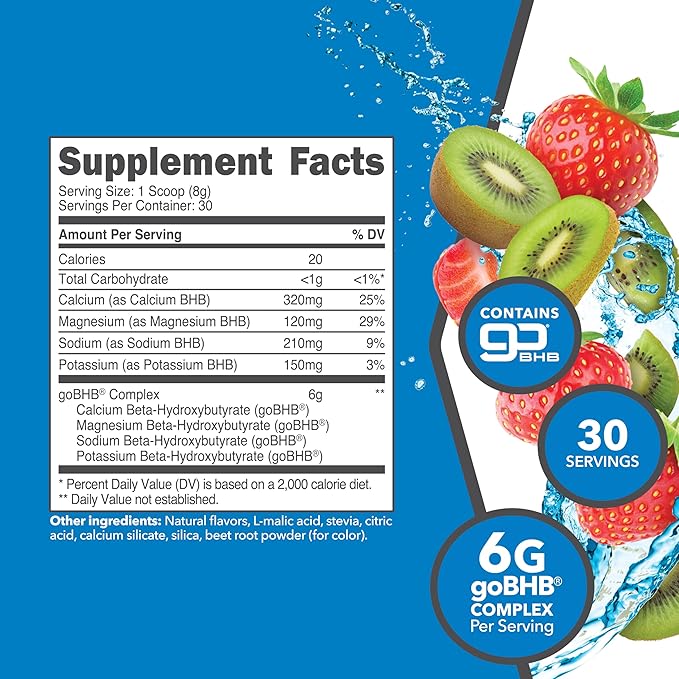 Ketologic Keto BHB (Strawberry Kiwi Flavor) 30 Servings - Exogenous Ketone Supplement with goBHB Beta-Hydroxybutyrate Salts