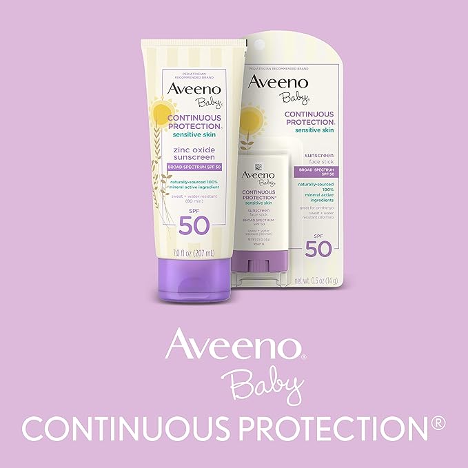 Aveeno Baby Continuous Protection Zinc Oxide Mineral Sunscreen Lotion for Sensitive Skin Broad Spectrum SPF 50 Tear-Free Sweat- &amp Water-Resistant Paraben-Free Non-Greasy 7 fl. oz