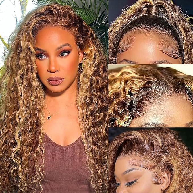 30 inch Highlight Deep Wave Wig Human Hair 13x4 Honey Blonde Wig Human Hair 4/27 Curly Highlighted Human Hair Wig Glueless Pre Plucked Honey Brown Deep Wave Wig 180% Density