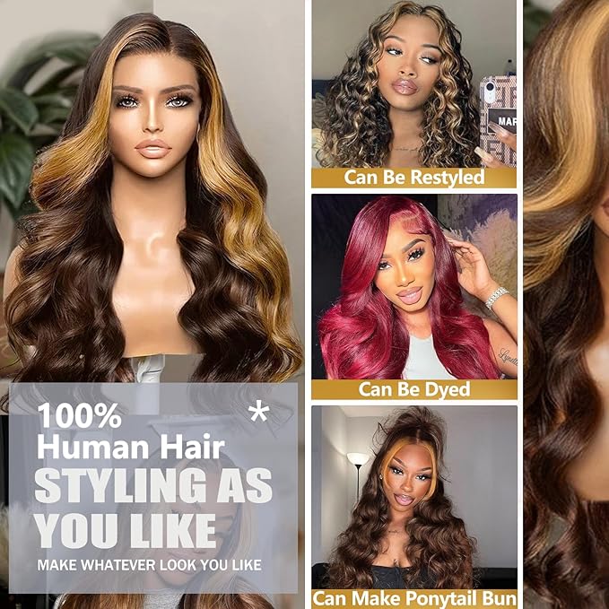 28 Inch Highlight Ombre Lace Front Wig Human Hair 4/27 Body Wave Lace Front Wigs Human Hair Pre Cut 9x6 Brown Blonde Highlighted Wigs Human Hair 180 Density Balayage Ready to Wear Glueless Wigs
