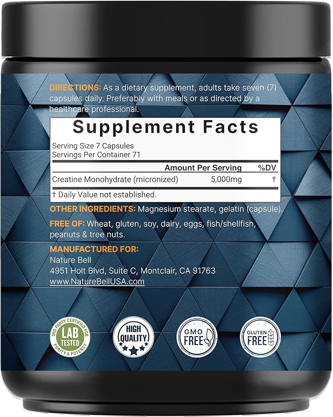 NatureBell Creatine Monohydrate Capsules 5000mg Per Serving 500 Count | Micronized Unflavored Creatine Pills | Pre-Workout &amp Muscle Strength Support | Easy to Swallow Filler-Free | 71 Servings