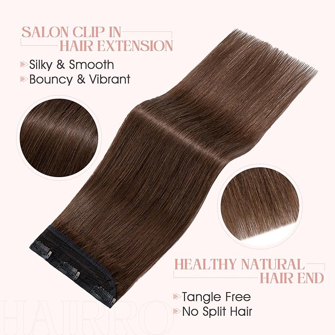 Hairro 22 Inch Clip in Extensions 100% Remy Human Hair 55g One-piece 5 Clips Long Straight Hair Extensions for Women Wide Weft Soft Silky #4 Medium Brown