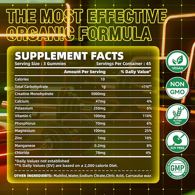 zipvit Creatine Monohydrate Gummies (5g) ? Pre-Workout Energy &amp Muscle Growth Support for Men &amp Women | Pineapple Electrolyte Gummies (135 Count)
