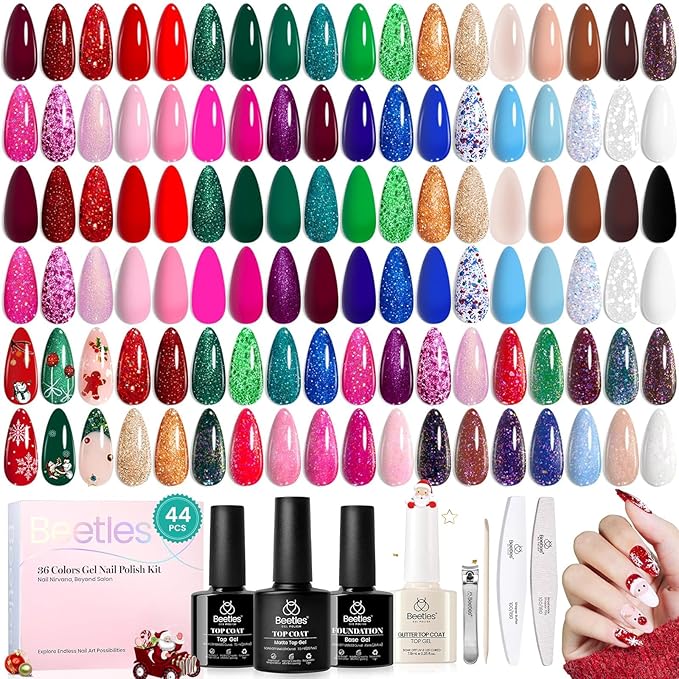 Beetles Christmas Gel Nail Polish Set Glitz Galaxy UV LED Soak Off Gel Kits 44Pcs Burgundy Red Gold Green Silver Blue Pink Sparkle Shade with Base Top Coat Winter Manicure Gift for Women