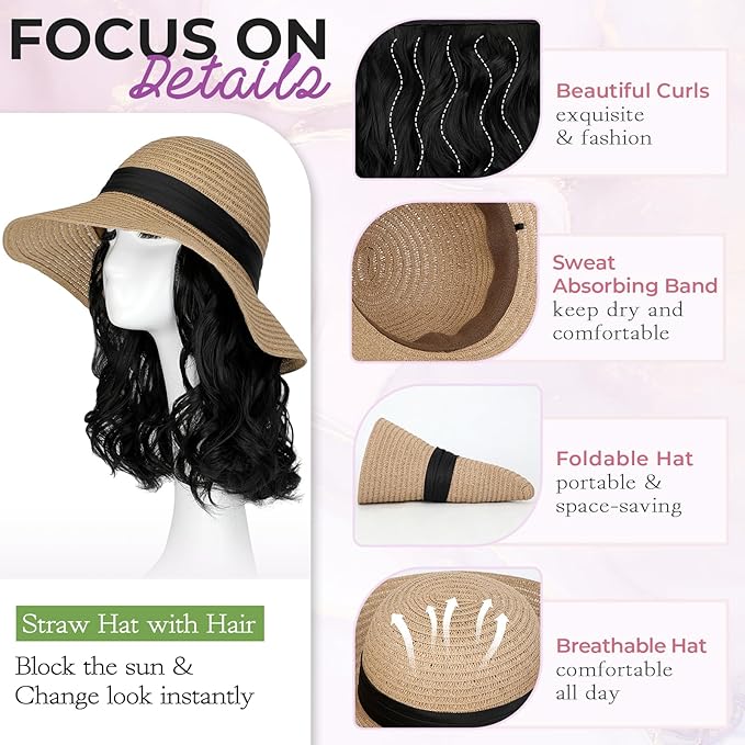 Sun Hat Straw Hat Wig Detachable Adjustable Cap with 12 Inch Synthetic Wavy Hair Extensions Foldable for Women Summer Beach Outdoors Dark Black