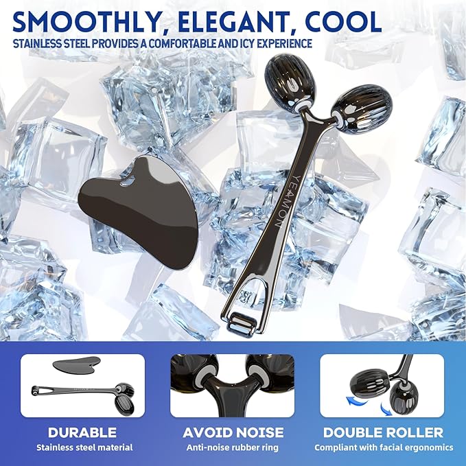 Yeamon Gua Sha Facial Tools and Face Roller Set Facial Massage Tool for Women?™s Skincare RoutineCooling Stainless Steel Face Sculpting Eyes Roller Guasha for Daily Use or Self-Care Gift for Women