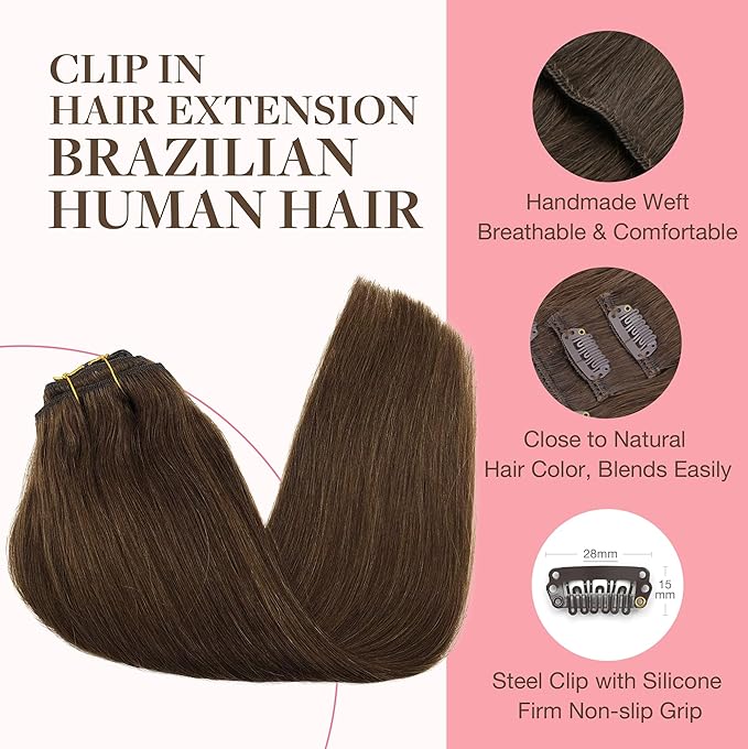 GOO GOO Clip in Hair Extensions Real Human Hair Remy Human Hair Extensions Clip ins for Women Natural Human Hair 20inch 200g 7Pcs #4A Chocolate Brown