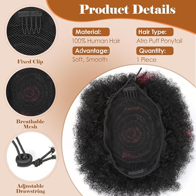 Fullart Afro Ponytail For Black Women #H1-99J Black mix Wine Red 100% Remy Human Hair No Shedding No Tangling No Lice Durable Natural Soft and Smooth Curly Drawstring Ponytail For Kids