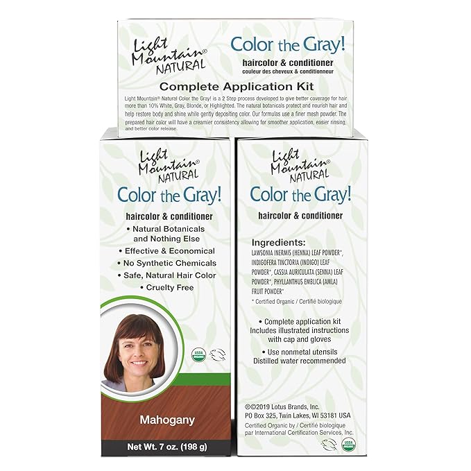 Light Mountain Henna Hair Color &amp Conditioner Color the Gray - Mahogany Hair Dye for Men/Women 2-Step Chemical-Free Semi-Permanent Hair Color for White Gray and Blonde Hair 7 Oz (Pack of 2)