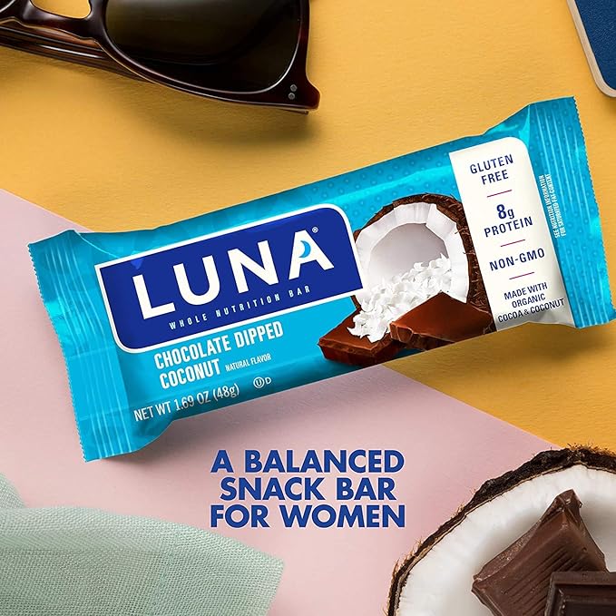 LUNA BAR - Gluten Free Snack Bars - Chocolate Dipped Coconut Flavor -8g of protein - Non-GMO - Plant-Based Wholesome Snacking - On the Go Snacks (1.69 Ounce Snack Bars 30 Count)