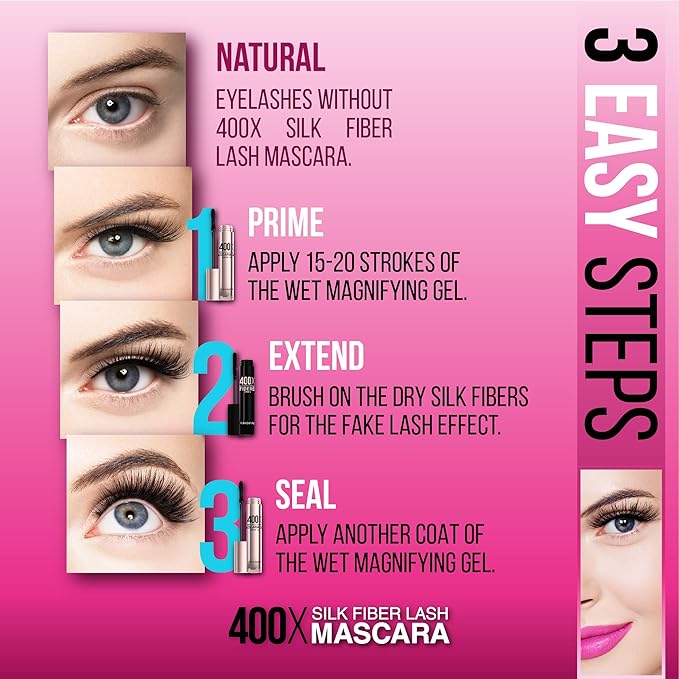 400X Pure Silk Fiber Lash Mascara [Ultra Black Volume and Length] Longer &amp Thicker Eyelashes. Waterproof Long Lasting Instant &amp Very Easy to Apply Smudge-proof Hypoallergenic