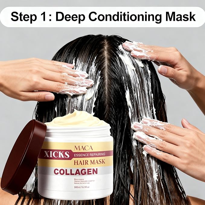Maca Collagen Essence Deep Repair Hair Mask + Maca Essence Oil SetNourishing Moisturizing Repair for Damaged Hair Professional Hair &amp Body Care with Argan Oil for All Hair Types(16.9 oz + 1.69 o
