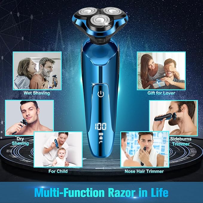 Electric Razor for Men Cordless 3D Rotary Head Shavers for Men Face Wet/Dry Waterproof LED Display Ideal Gift for Husband/Dad/Boyfriend (Blue)