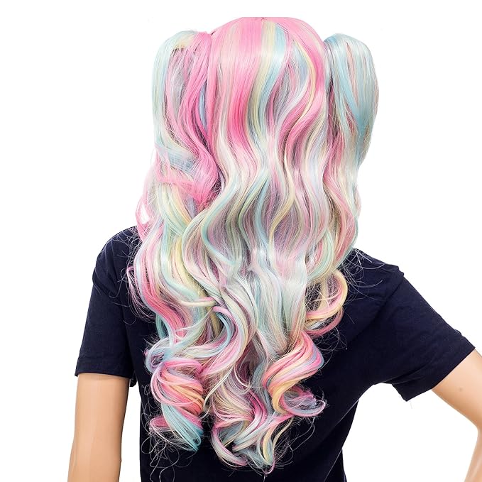 SWACC Long Curly Double Claw Clip on Ponytail Wig Synthetic Pastel Colorful Cosplay Daily Party Wig for Women with Wig Cap (Multi-Color Pink/Blue/Blonde-3)