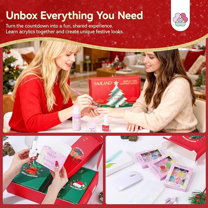 SAVILAND Acrylic Nail Kit Christmas Advent Calendars: Premium Acrylic Nail Kit with Nail Drill Xmas Stickers 24 Days Christmas Manicure Gift Set For Women Girls Limited Winter Holiday Gifts