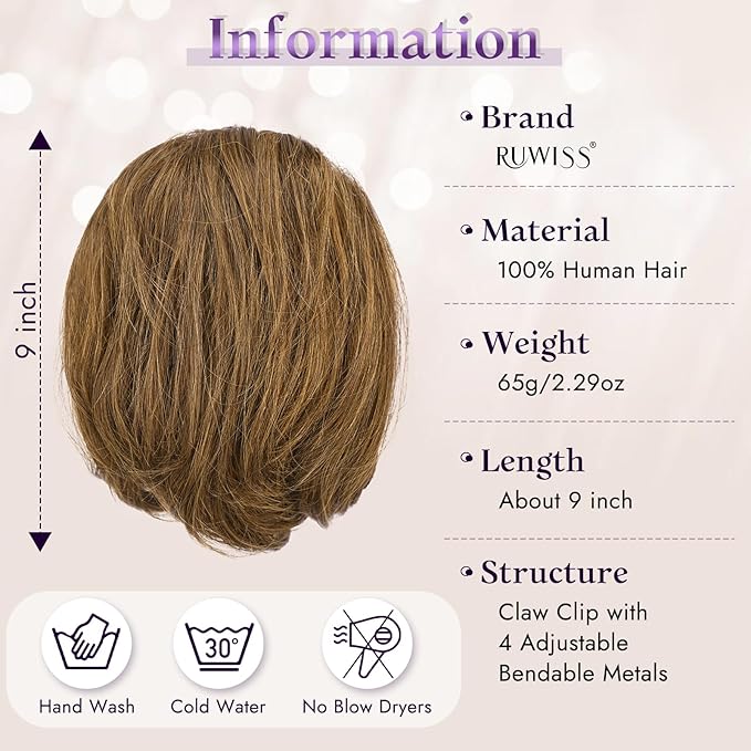 RUWISS Claw Clip Short Human Hair Ponytail Extension with Bendable Metals for DIY Styles Straight Messy Bun Hair Piece for Women Thick Hairpieces for Daily Wear 9 Inch Medium Brown