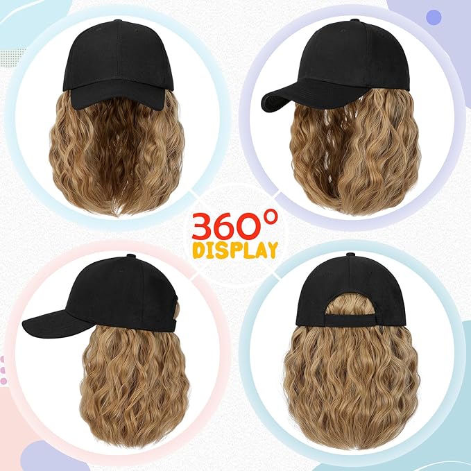 Baseball Hat WigHat with Hair attached 16'' Adjustable Black Cap with Wavy Curly Synthetic Bob Hair Extensions for Women Girls(Ash Blonde Mix Ginger Brown)