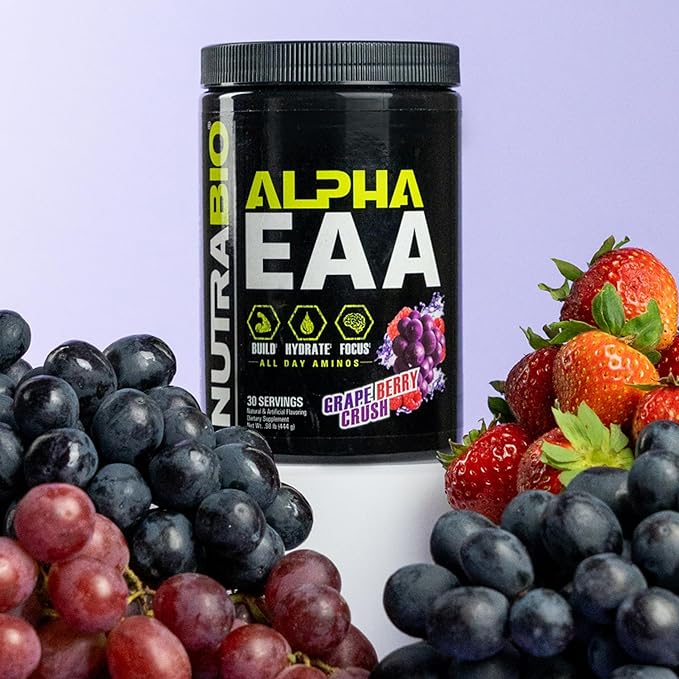 NutraBio Alpha EAA - All-Day Amino Acids for Muscle Growth and Hydration - Essential Amino Acids with Nootropics &amp Adaptogens- Full Spectrum EAA BCAA Powder - 30 Servings - Grape Berry Crush