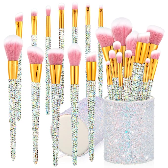 Rtteri 13 Pcs Rhinestone Silver Makeup Brushes Set Yellow Bling Crystal Professional Face Cosmetics Blending Liquid Foundation Powder Concealer Eye Shadows Make up Beauty Tool Glitter with Holder