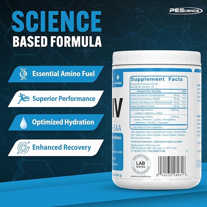 PEScience Amino IV BCAA &amp EAA Powder Essential Amino Acids Taurine Electrolytes for Hydration and Muscle Recovery Sugar Free for Men &amp Women Post Workout - Orange Dreamsicle - 30 Servings