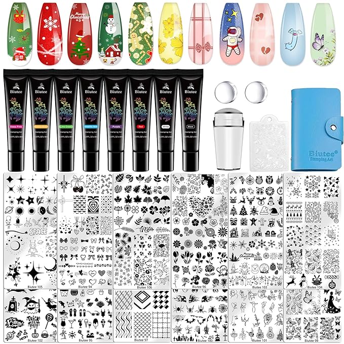 Biutee Nail Stamping Plate Set 12PCS Nail Art Stamp Plates 8PCS Stamping Nail Gel Polish Nail Stamper and Scraper Halloween Christmas Butterfly Leaves Bow Design Nail Stamping Kit with Storage Bag