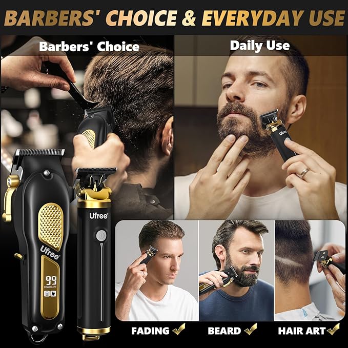 Ufree Hair Clippers for Men Professional Clippers and Trimmers Set Cordless Clippers for Hair Cutting Beard Trimmer Barber Clippers Rechargeable Electric Shaver Gifts for Men Black Gold