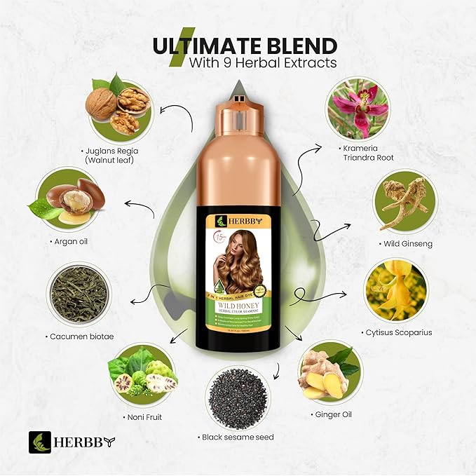 HERBBY Hair Color Shampoo for Gray Hair Coverage&ampColor Transform with 9 Herbal Extracts ?Long Lasting(6-8 Weeks)ShinyEvenly ColoredInstant Hair Dye Shampoo&ampConditioner 500 Ml (WILD HONEY C
