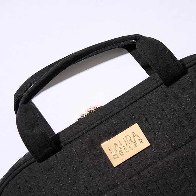 LAURA GELLER NEW YORK Quilted Folding Travel Makeup Bag Black - Hanging Toiletry Bag Organizer for Travel - Large Capacity Full Size Makeup Bag - Easy to Clean