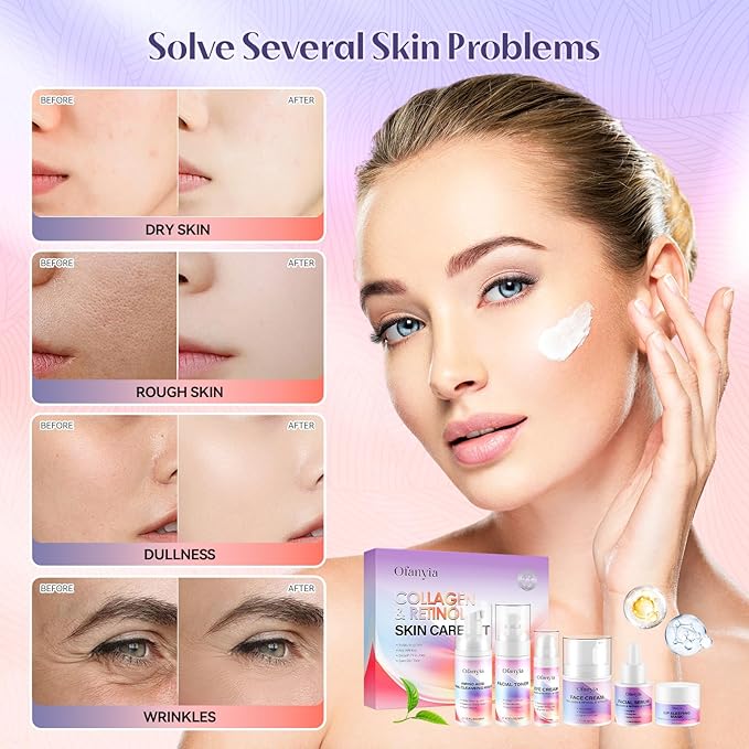 Ofanyia Collagen Retinol Skincare Set 6 Pcs Anti-Aging Skin Care Set with Hydrating Cleanser Eye Cream Toner Cream &amp Lip Mask Facial Kit for Women Christmas Valentines Birthday Gift for Her
