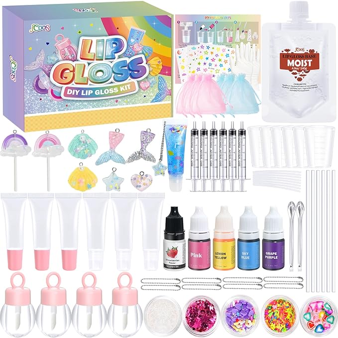 Jcoos Lip Gloss Making Kit - Keychain DIY Lip Gloss Set for Teens Kids DIY Lipgloss Making Kit Make Your Own Lip Gloss Kit Moisturizing Glitter Keychain Kids Gifts Tweens Girls Christmas 10-12