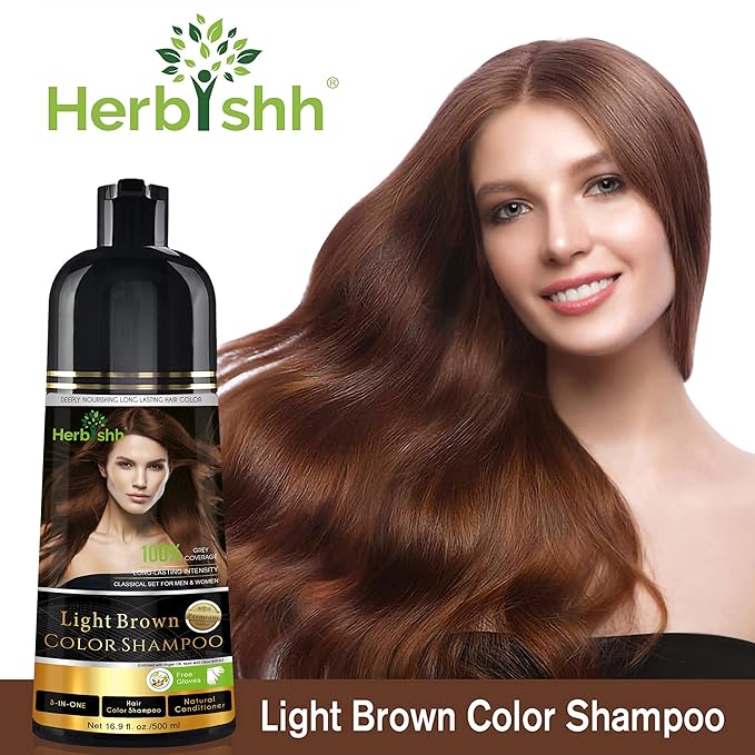 Herbishh 3-In-1 Magic Hair Dye Shampoo for Gray Hair - Light Brown 500 Ml Ammonia-Free Long Lasting Colors Hair in MinutesUnisex