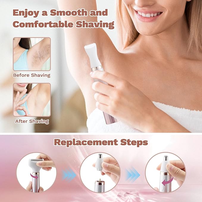 Electric Razors for Women 5 in 1 Bikini Trimmer for Women Wet/Dry Electric Shaver Painless Womens Razor Shavers Facial Hair Removal for Face Nose Eyebrow Arms Armpit Legs Pubic Area