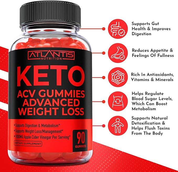 Atlantis Nutrition Keto ACV Gummies for Weight Loss - Supports Digestion Weight Loss Detox &amp Cleansing - Apple Cider Vinegar Gummies Formulated with 1000MG ACV Per Serving - 90 Count