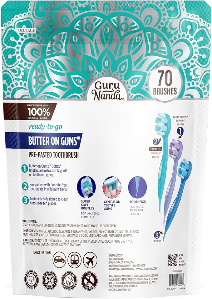 GuruNanda Ready-to-Go Disposable Mini Travel Toothbrushes - Butter on Gums Softex Bristles Pre-Pasted Toothbrush &amp Toothpick - Fluoride-Free No Rinsing Needed 70 Ct
