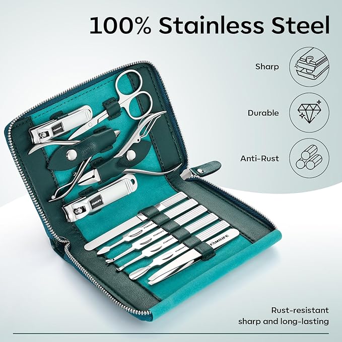 FAMILIFE Nail Kit Professional Manicure Set Manicure Kit 11 in 1 Stainless Steel Nail Clippers Set Pedicure Tools Men Grooming Tool with Portable Blue Leather Travel Case Luxury Gifts for Him