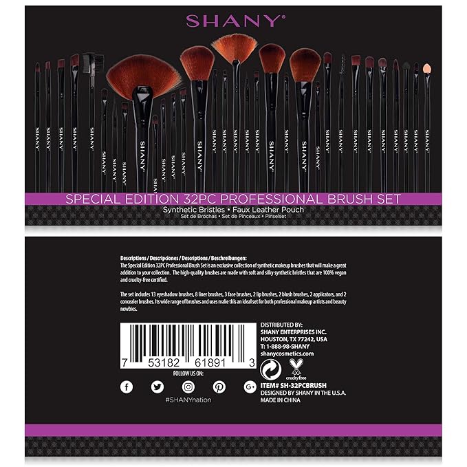 SHANY Makeup Brushes Premium Synthetic Foundation Powder Concealers Eye Shadows Cosmetics Brush Set with Faux Leather Pouch and Instruction sheet 32 Count