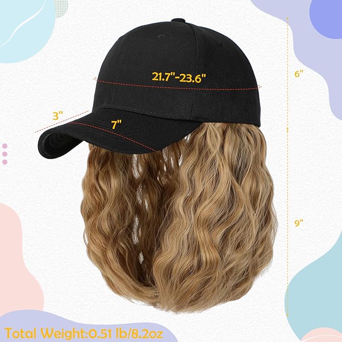 Baseball Hat WigHat with Hair attached 16'' Adjustable Black Cap with Wavy Curly Synthetic Bob Hair Extensions for Women Girls(Ash Blonde Mix Ginger Brown)